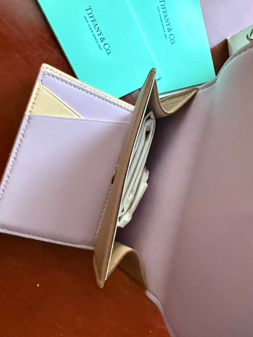 Tiffany & Co. Beige Taupe Leather Compact Wallet with Gold Logo - Picture 9 of 16